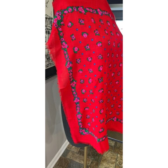 Vintage 1970’s LAINE 100% Wool Red Floral Scarf Handprinted Japan CA 00098 - Picture 3 of 9